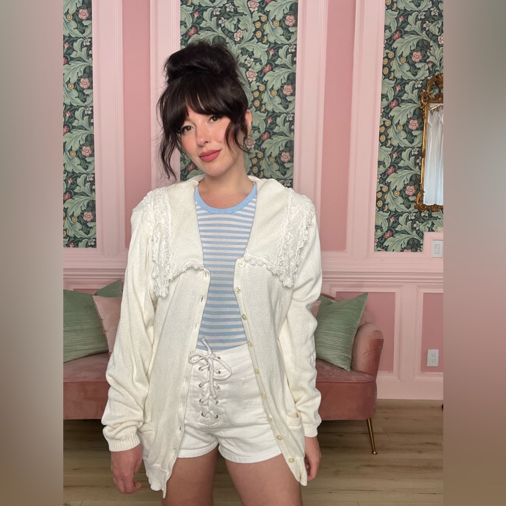 80s 1980s Vintage Scott McClintock Cottagecore white long sleeve cardigan